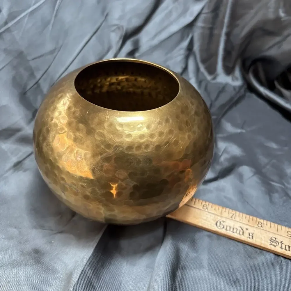 Vintage Hammered Brass Metal Ball Vase Planter Mid Century Modern India Made 5”